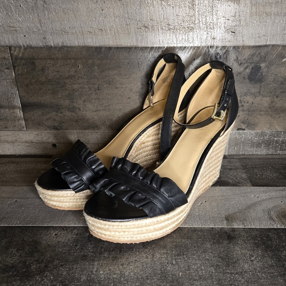 Michael Kors Black Wedge Woven Sandals - Picture 1 of 5